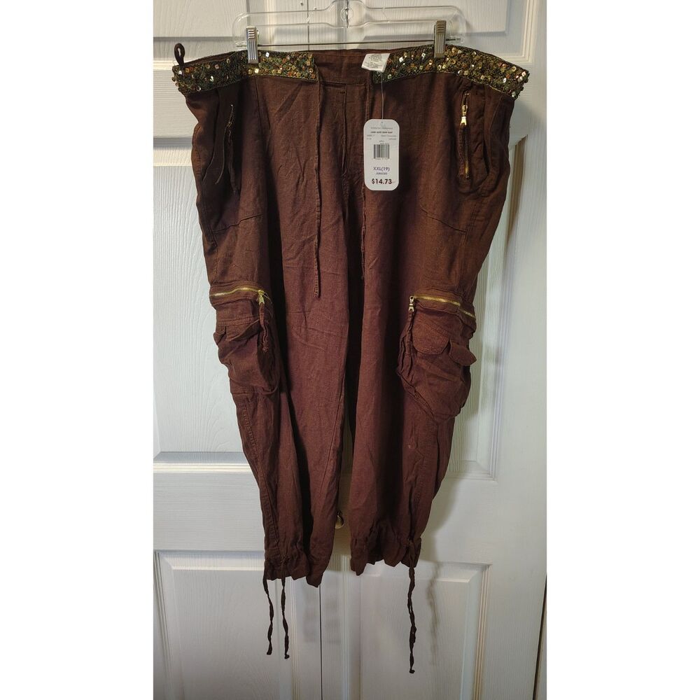 Vtg No Boundaries Y2K Linen Rayon Cargo Pants Chocolate Brown Sequin XXL 19
